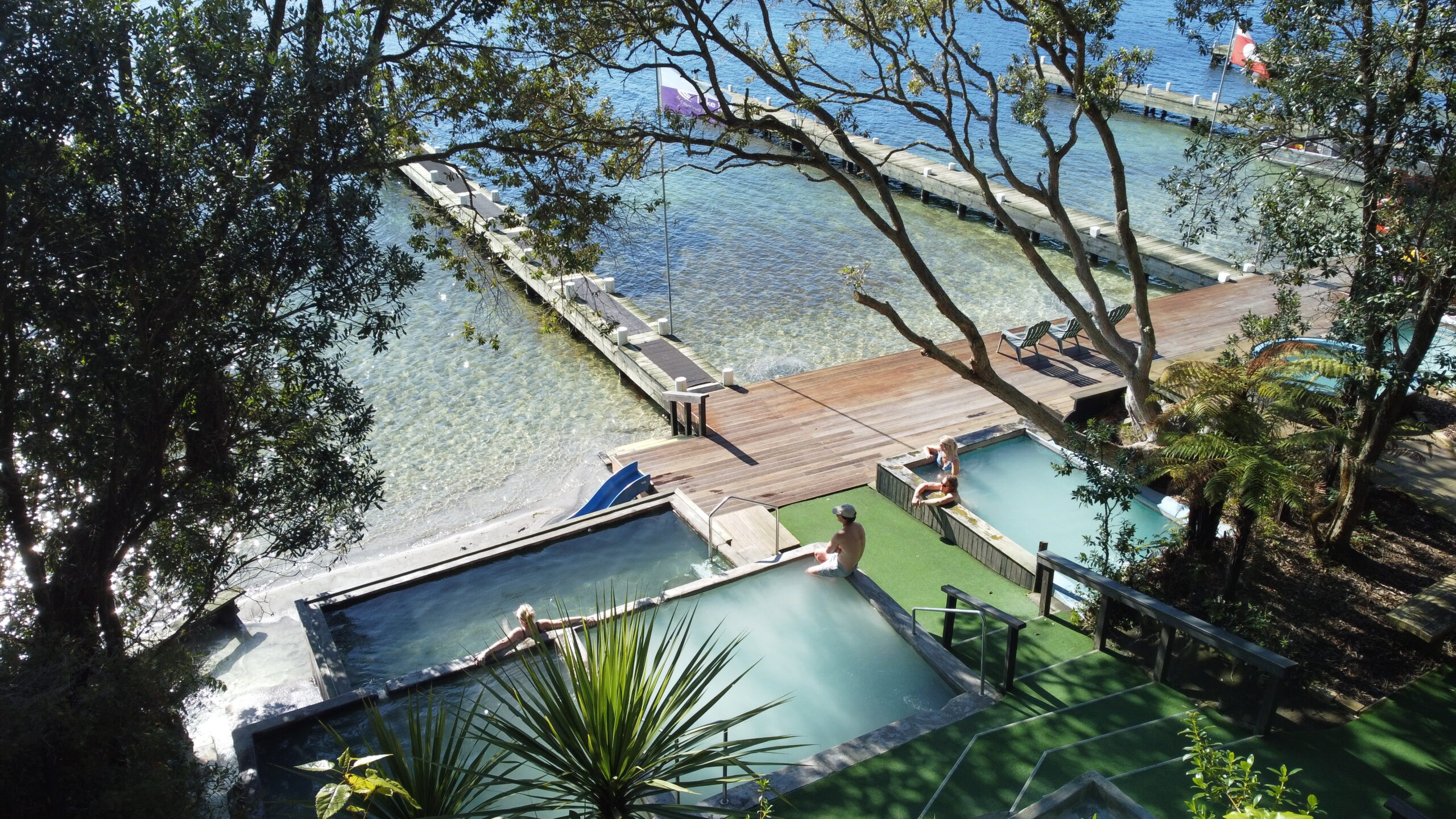 Aerial view of Lake Rotoiti Hot Pools in Manupirua Bay, Rotorua